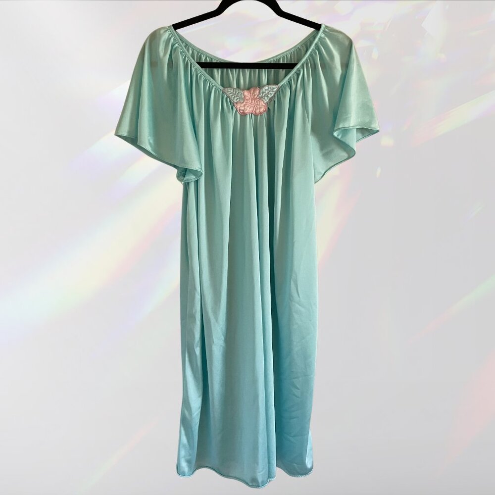 Aqua Vintage Nightgown with Pink Rose Detail